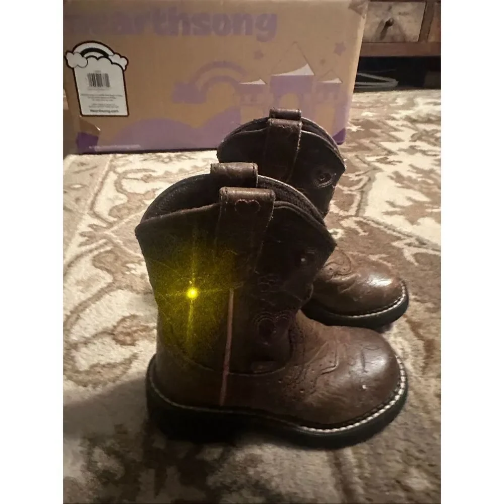 Justin Girls Brown Heart Embroidery Light Up Gypsy Cowboy Boots Size 9D - Picture 2 of 8